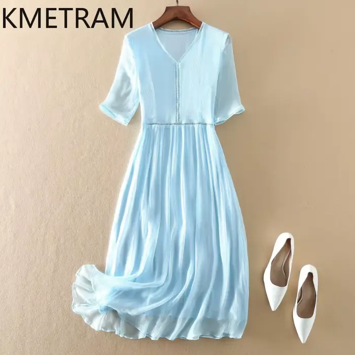 KMETRAM 100% robes en soie de mûrier naturelle 2025 femme été élégant col en v robe longue