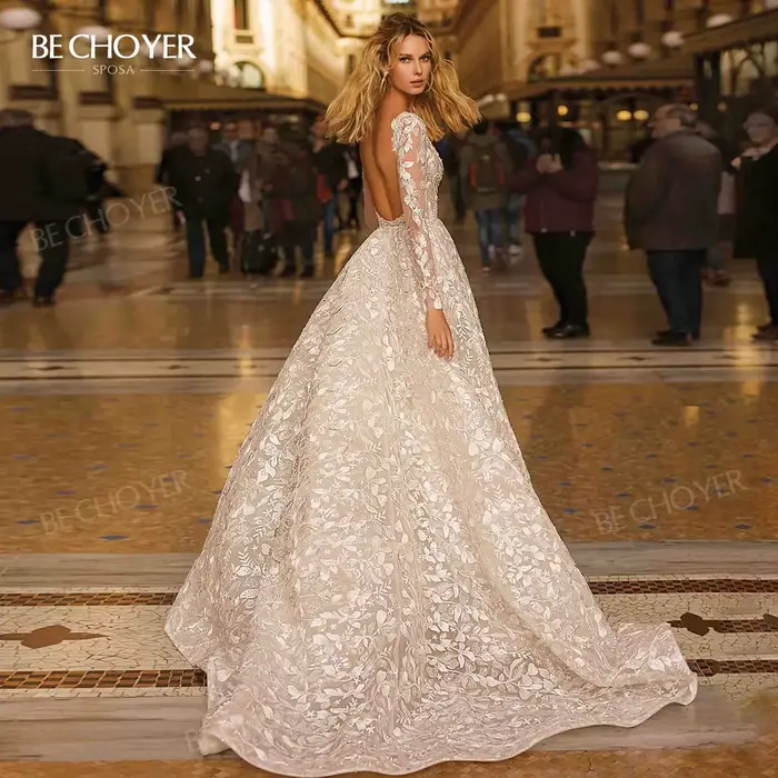 Robe de mariée col en V manches longues coupe trapèze magnifique traîne courte 2026 Princesse BECHOYER EZ56 personnalisée Vestido De Noiva