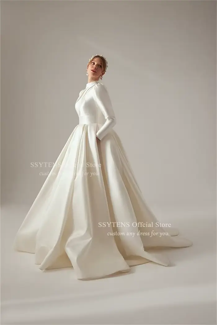 SSYTENS-Robes de mariée ivoire pour femmes musulmanes, manches longues, col roulé formel, mariée civ