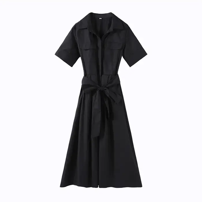 Robe longue noire classique pour femme avec lacets et col rabattu coupe ajustée occasionnelle soirée spéciale