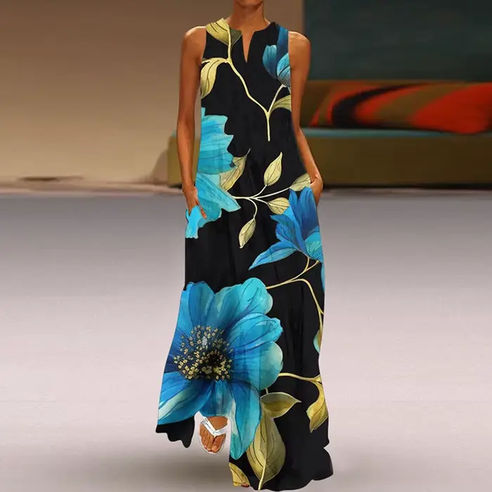 Robe longue imprimée à col en V pour femmes