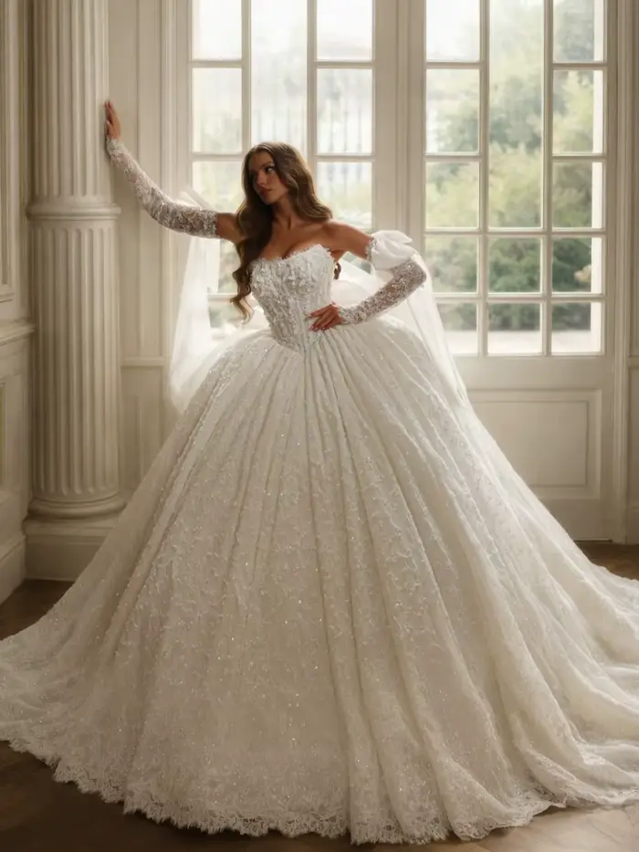 Robe de mariée exquise perlée princesse rêveuse en dentelle avec train de la cour pour femmes occasions spéciales mariage