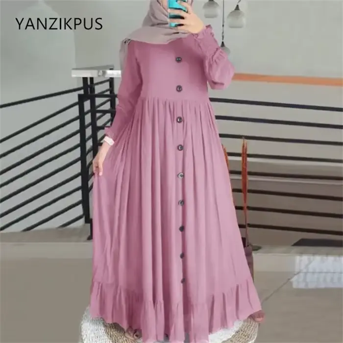 Robe rétro ample à volants et col rond en polyester pour femmes, mode luxueuse musulmane, occasions spéciales printemps automne