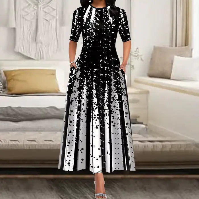 Robe longue de soirée élégante pour femmes, col rond, imprimé rétro, décontracté, polyester et élasthanne, idéale pour mariages et événements spéciaux