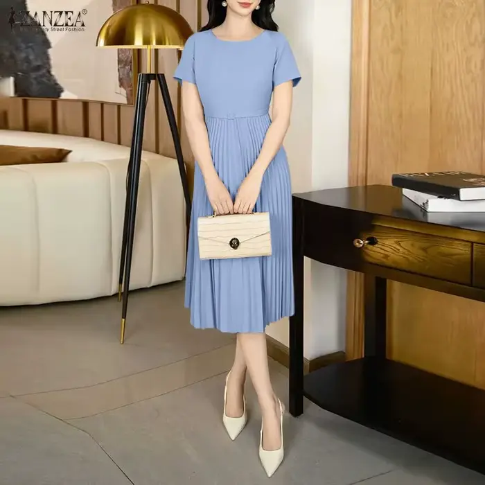 ZANZEA Robe midi plissée élégante et chic pour femme