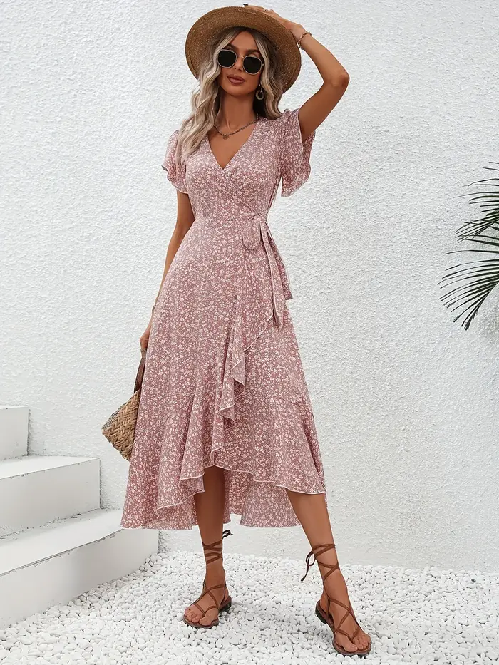 Robe d'été pour femmes, sexy, col en V, manches courtes, taille haute irrégulière, à lacets, imprimé floral, robes de plage décontractées