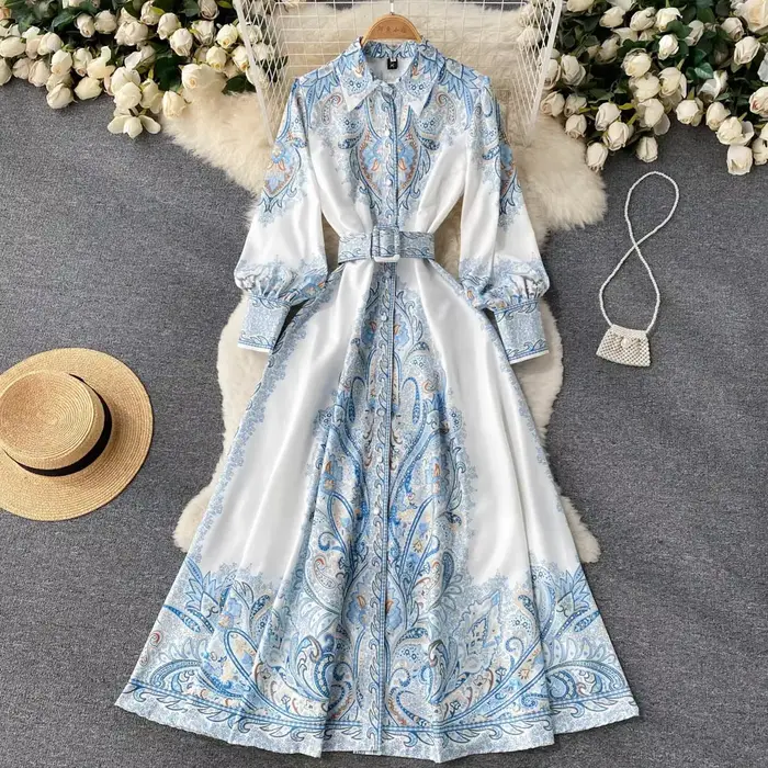 WEIN femmes bleu robe florale Vintage à manches longues printemps jupe de haute qualité formelle décontracté élégant fête anniversaire piste Vestido