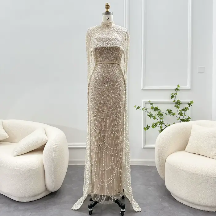 Robe de soirée sirène Sharon Said de luxe avec perles, couleur champagne, avec cape, nouvelle collec