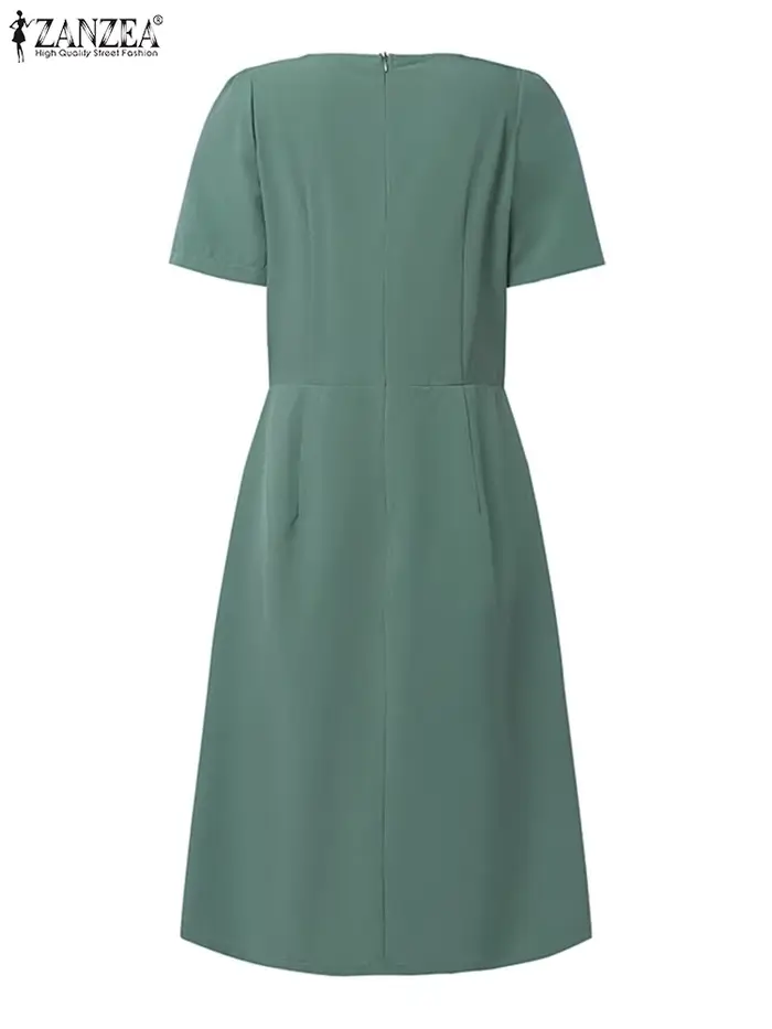 Robe plissée ZANZEA en polyester et élasthanne col rond longueur aux genoux pour femmes occasions spéciales été