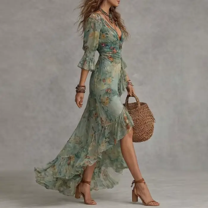 Robes longues vintage à imprimé floral pour femmes