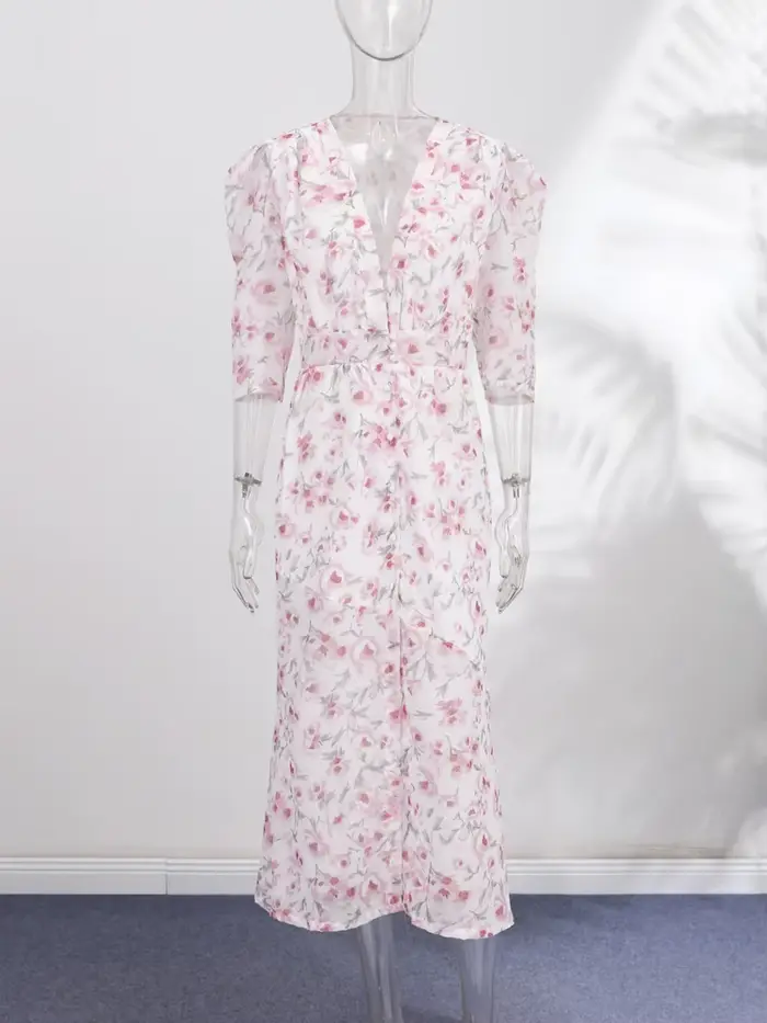 Robe imprimée pour femmes, robes florales, col en V profond, manches bouffantes, boutons à la taille