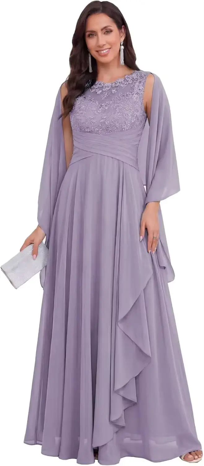 Robe en mousseline de soie longue avec châle et appliques en dentelle pour la mère de la mariée occasions spéciales élégance et sophistication