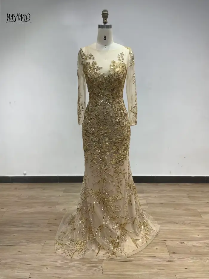 MYMB or transparent manches longues élégant mère de la mariée robes pour les mariages de luxe perlé 