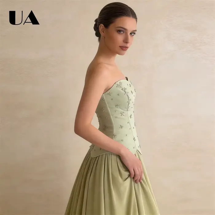 Robe de bal sans bretelles en satin vert sauge pour femmes corsage corset orné cape détachable soirée mousseline de soie occasions spéciales