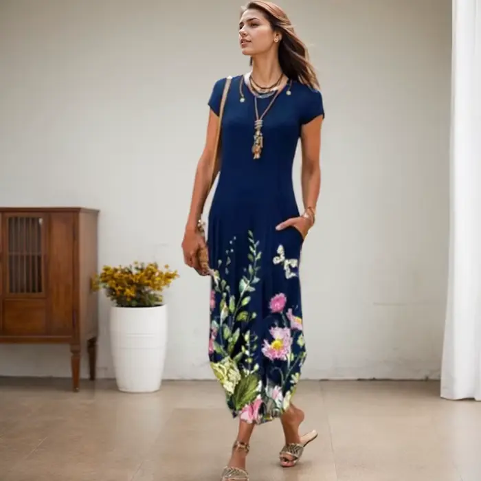Robe mi-longue à imprimé floral vintage pour femmes, pull à manches courtes, robes longues avec poches, robe d'été de plage bohème, col rond, occassions spéciales, cadeau pour femme