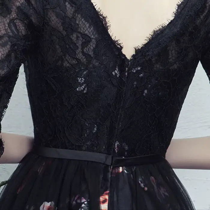 Robe de soirée élégante en dentelle imprimée floral pour femmes grandes tailles occasions spéciales soirée officielle noire sans manches