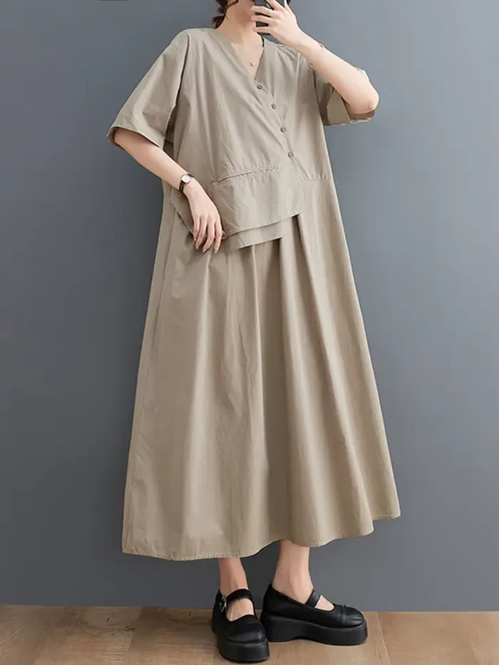 Robe kaki vintage patchwork décontractée à manches courtes pour femmes occasions estivales style coréen