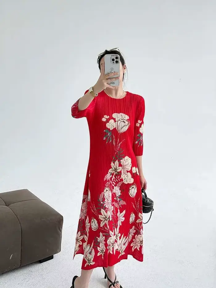 Robe LANMREM en polyester imprimée vintage col rond pour femmes occasions spéciales printemps été