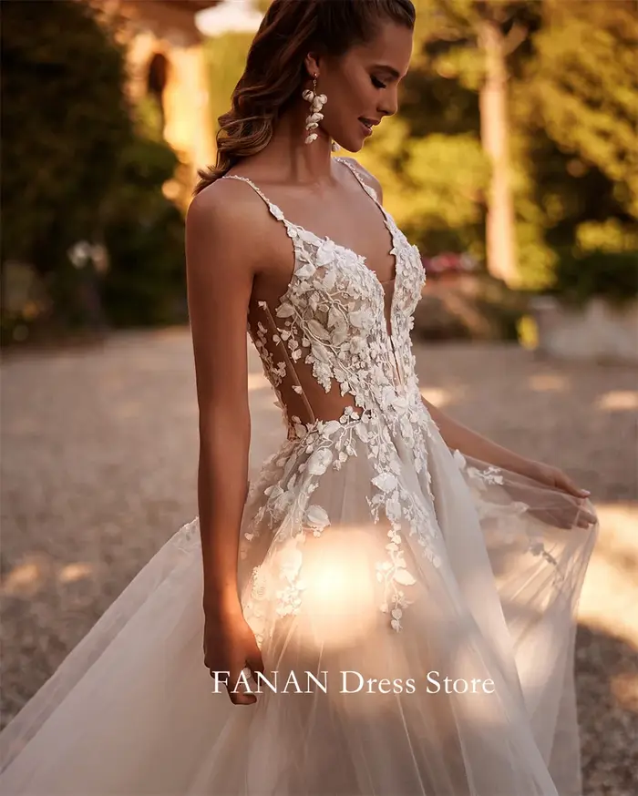 Fanan-Robe de Mariée à Bretelles Spaghetti en Tulle