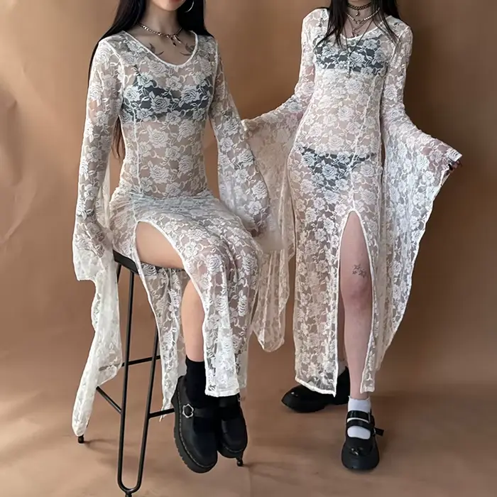 Robe moulante femme style Goth Punk avec dentelle et col en V coupe crayon en polyester et élasthanne pour été