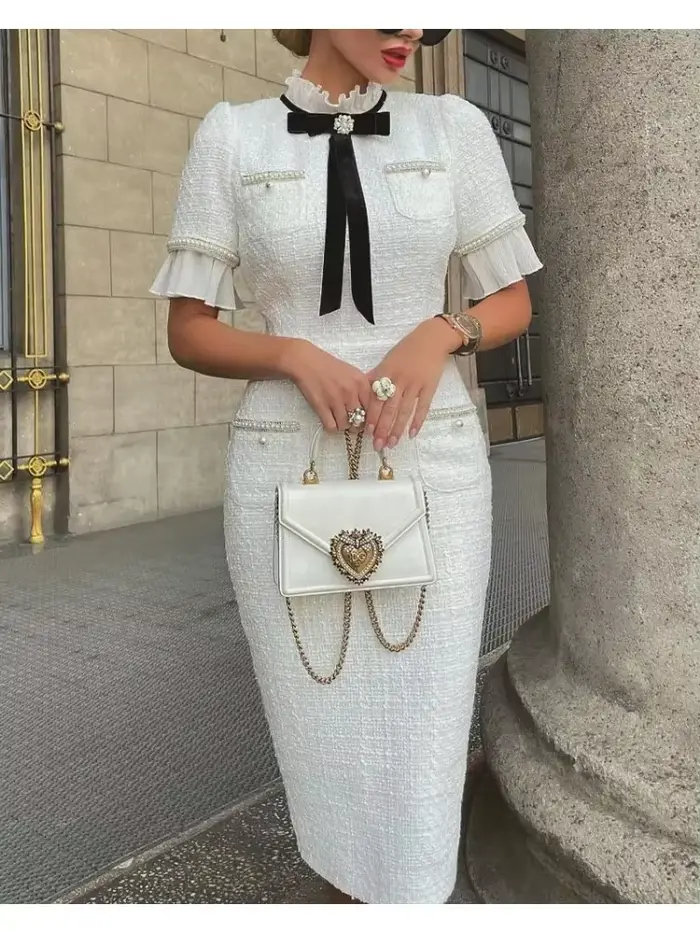 Robes élégantes femmes mode 2025 nouveau mince manches courtes nœud à volants ourlet perlé brise parfumée robe blanche dame vêtements de bureau