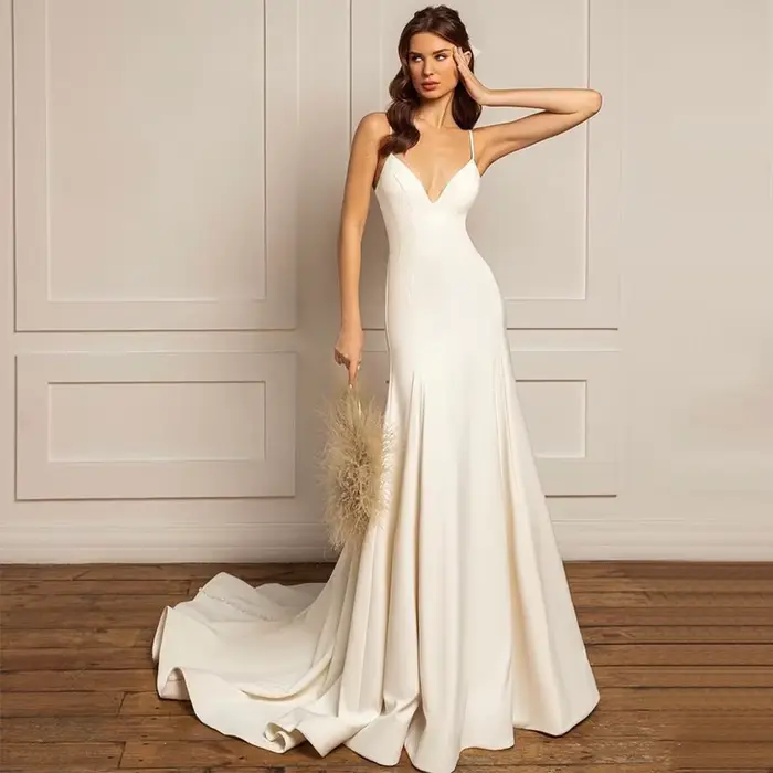Robe de Mariée Simple à Bretelles Spaghetti, Vêtement Classique à Col en V, en Fibre de Sirène, Long