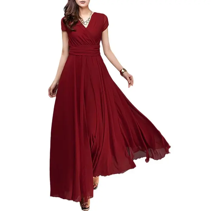 Robe de soirée de bal en mousseline de polyester, col en V, plissé, manches courtes, élégante pour femmes, soirées officielles, occasions spéciales