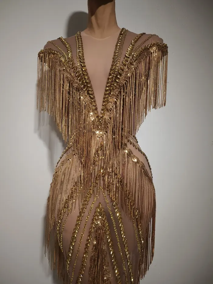 Robe longue de soirée luxueuse en polyester pour chanteuses de club, avec strass et franges, disponible en plusieurs tailles et couleurs