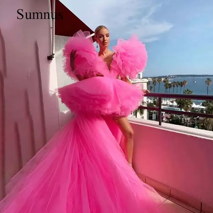 Robe de bal longue en tulle rose à plusieurs niveaux col en V profond haut bas pour occasions spéciales sexy concours personnalisable