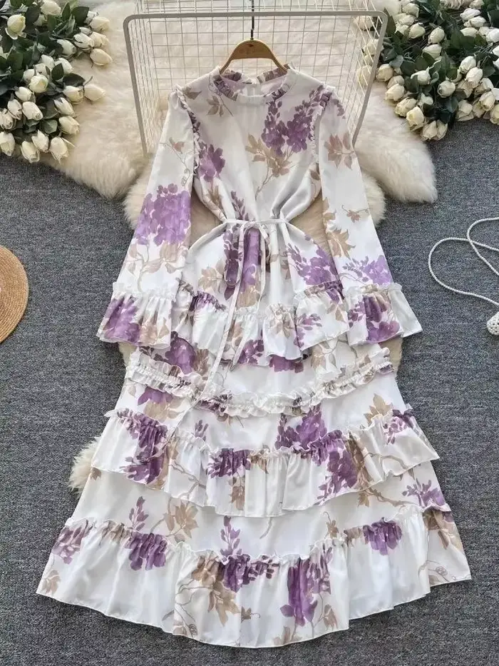 Robe gâteau à volants en cascade à imprimé fleuri µ, robe à manches évasées, ceinture à lacets, élég