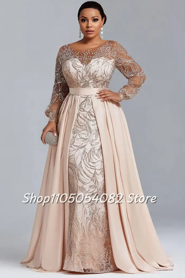 Robe mère de la mariée luxueuse et scintillante, personnalisée, col rond, manches longues, perlée, o