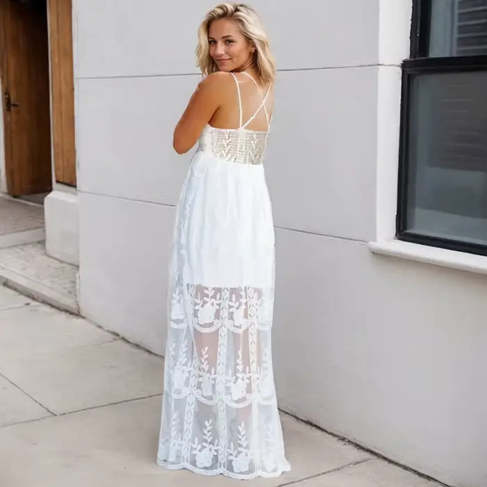 Robe longue en dentelle brodée sexy col en V dos nu mode élégante pour femmes occasions spéciales été printemps晚会结束后,请用法语编写一份有说服力的产品详情页,格式为HTML。目标是激发欲望,解释为什么购买,并将每个特性转换为对客户的具体好处(使用“您”来表达)。严格基于以下事实,不得发明任何未列出的特征。 HTML结构(仅限 ): - 标题+介绍创造渴望(3-4句话) - 为什么你会爱上它4-5个利益点展开 - 特点真实规格 - 建议与保养(与实际材料相关,不虚构) - 适