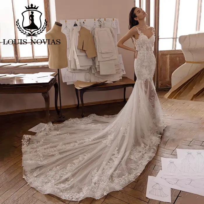 LOUIS NOVIAS robe De mariée sirène bretelles Spaghetti chérie Appliques Champagne dentelle Sexy robe
