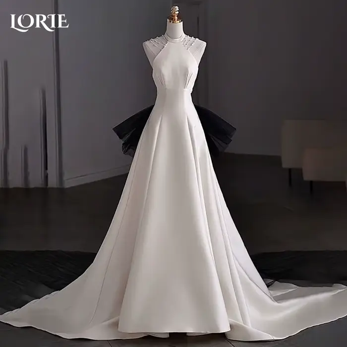 LORIE Vintage perles robes de mariée licou brillant Satin a-ligne ivoire robe de mariée col haut pri