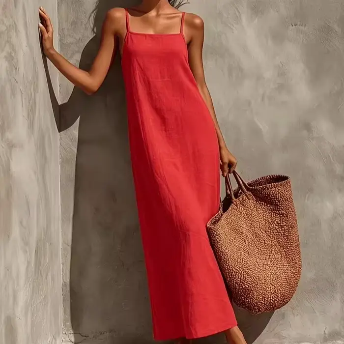 Nouvelle Robe Longue Droite Ample en Lin Français pour Femme, Col Carré Rouge Rétro, en Lin Texturé 