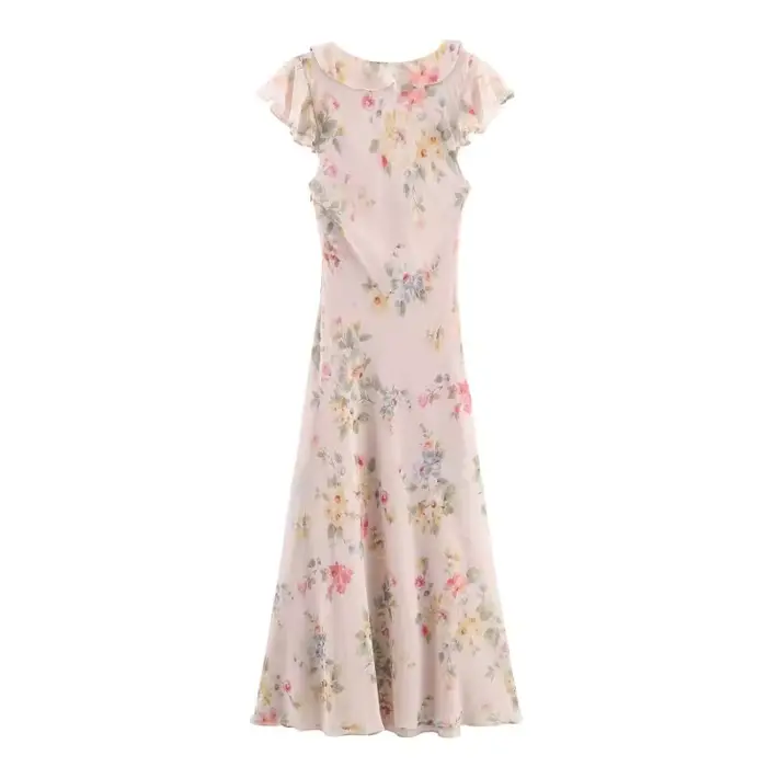 Robe maxi élégante à fleurs style français col en V profond manches à volants tour de taille empire tenue décontractée d'été pour femmes occassions spéciales