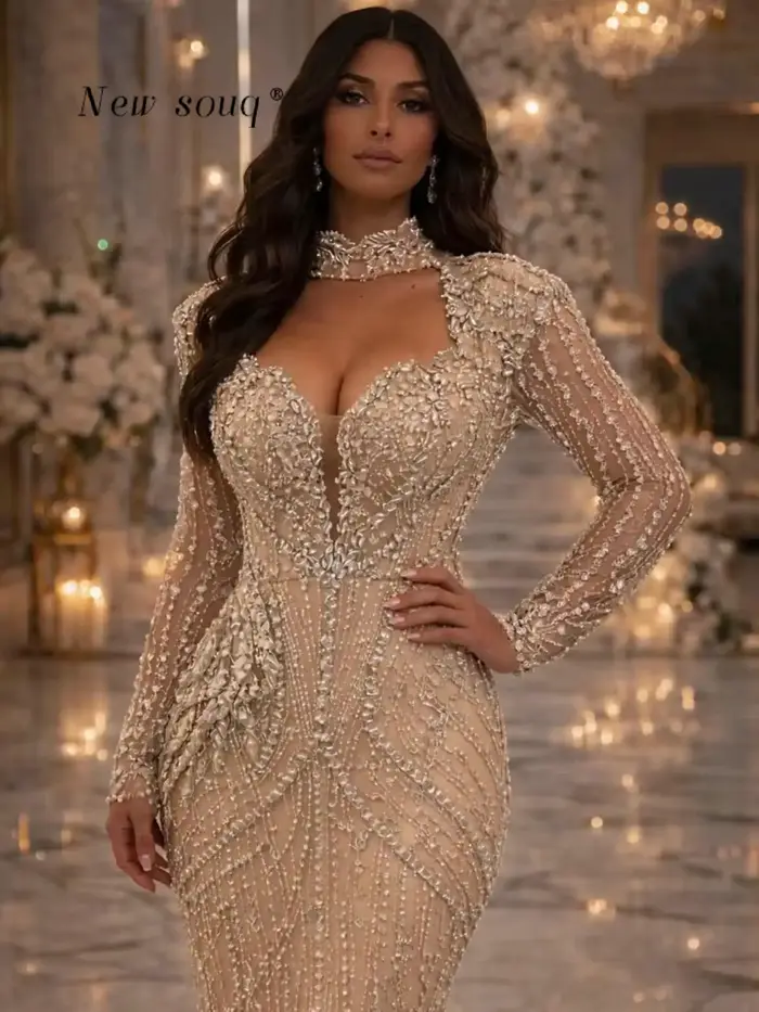 Robe de soirée sirène avec cristaux scintillants pour mariage et événements spéciaux tricotée en polyester avec soutien-gorge intégré et manches longues