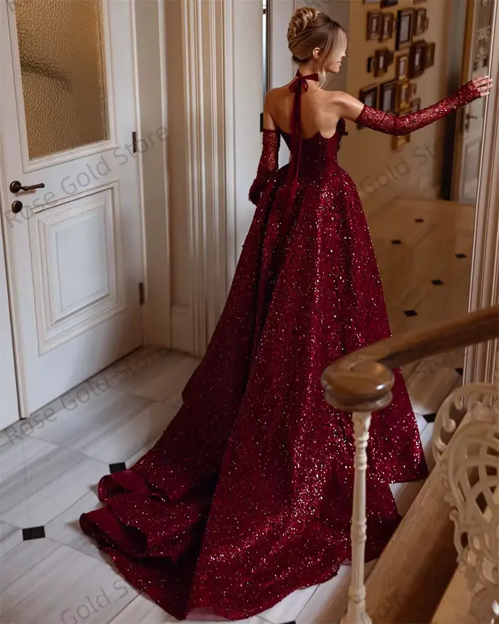 Robe de soirée à paillettes exquise avec perles rouges vin, décolleté Mon Amour, tulle pailleté, train de balayage, soutien-gorge intégré pour femmes toutes tailles occasions spéciales