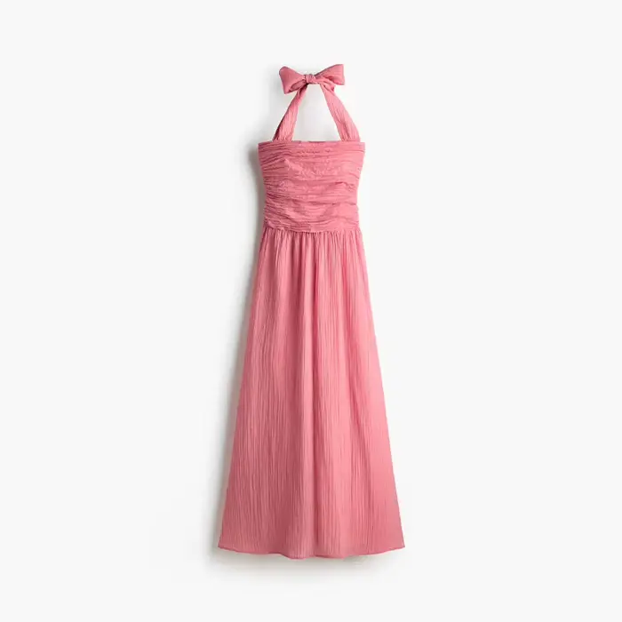 Robe longue rose à licou pour femme, sans manches, dos nu, froncée, élégante, pour soirée, nouvelle