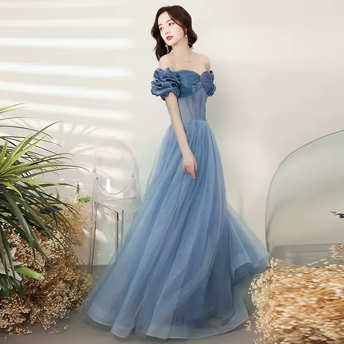 Robe de soirée bleue personnalisée, style banquet simple initié, robe de princesse douce