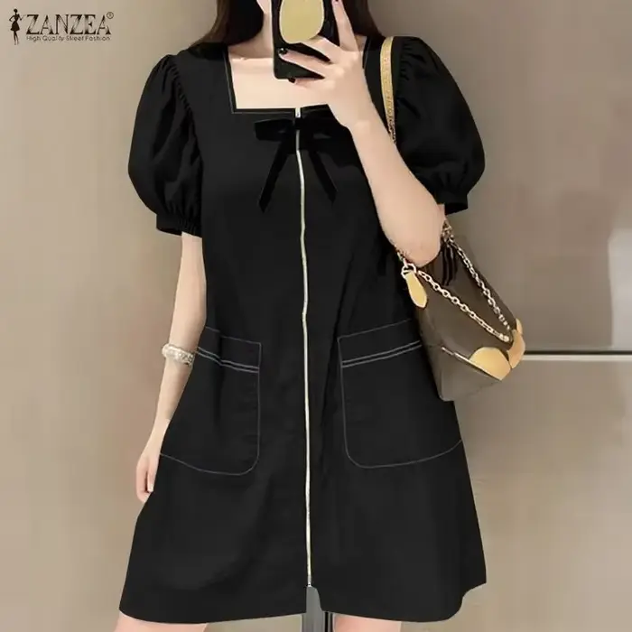Robe ZANZEA élégante pour femme, col carré, manches courtes bouffantes, polyester, longueur genou, style urbain, solide, pour le travail ou les loisirs, collection été 2026