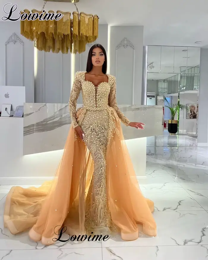 Robe de soirée deux pièces champagne avec poignées, robes de sirène personnalisées, manches longues,