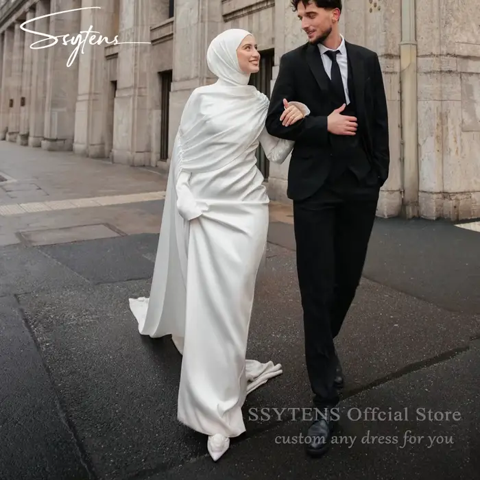 Robes de mariée musulmanes blanches modestes SSYTENS avec cape, robe de mariée personnalisée, élégan