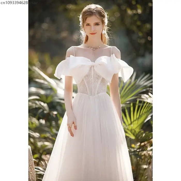 Robe longue de soirée en polyester dégagée aux épaules coupe amincissante nœud mariage déguisement princesse
