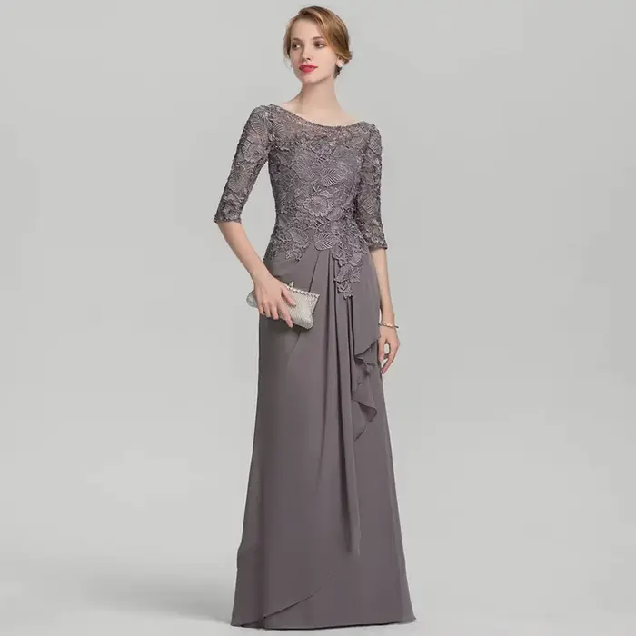 Robes de Soirée Marron pour Mère de la Mariée avec Manches Mi-Longues en Chiffon, Robes de Mariage p