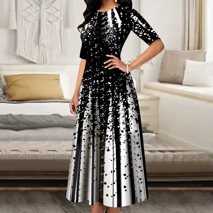 Robe longue de soirée élégante pour femmes, col rond, imprimé rétro, décontracté, polyester et élasthanne, idéale pour mariages et événements spéciaux