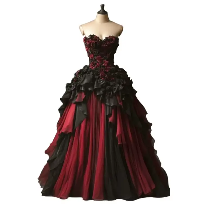 Robe de mariée gothique noire et bordeaux avec fleurs roses et volants