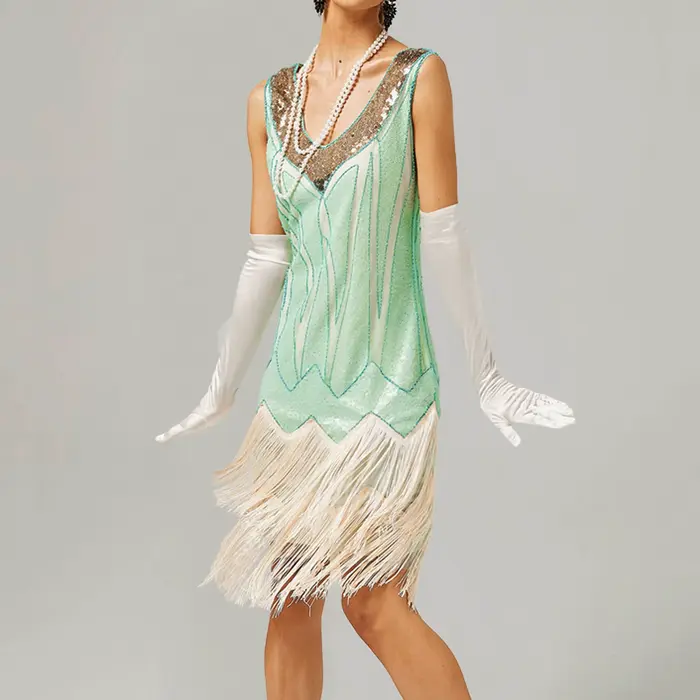 Robe évasée vintage à paillettes et franges pour femmes