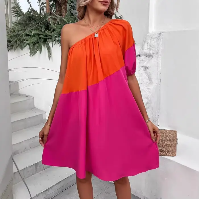 Robe midi décontractée et confortable à manches courtes et blocs de couleur