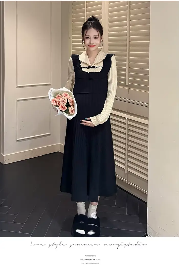 Robe longue patchwork pour femmes enceintes maternité style préppy pulls tricotés acrylique confort occasionnels élégantes